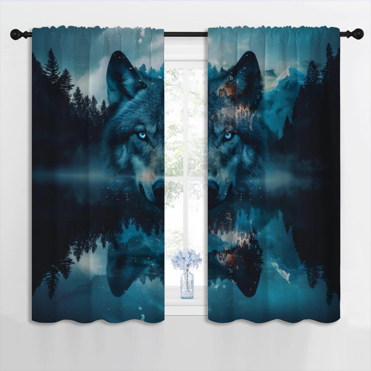 Wolf Blackout Curtains for Boys Girl Bedroom Home Decor, Wildlife Misty Forest Starry Sky Mountains Abstract Art Thermal Insulated Rod Pocket Darkening Living Room Window Drapes, 42 x 45 inch
