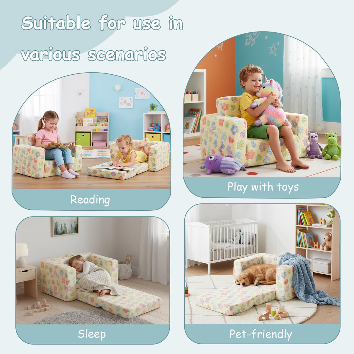 Tiita 2-in-1 Kids Sofa, Convertible Children Couch to Lounger, Flip Out Kids Chair, Toddler Armrest Chair Bed, Folding Kid Play Sofa for Girl or Boy, Flower