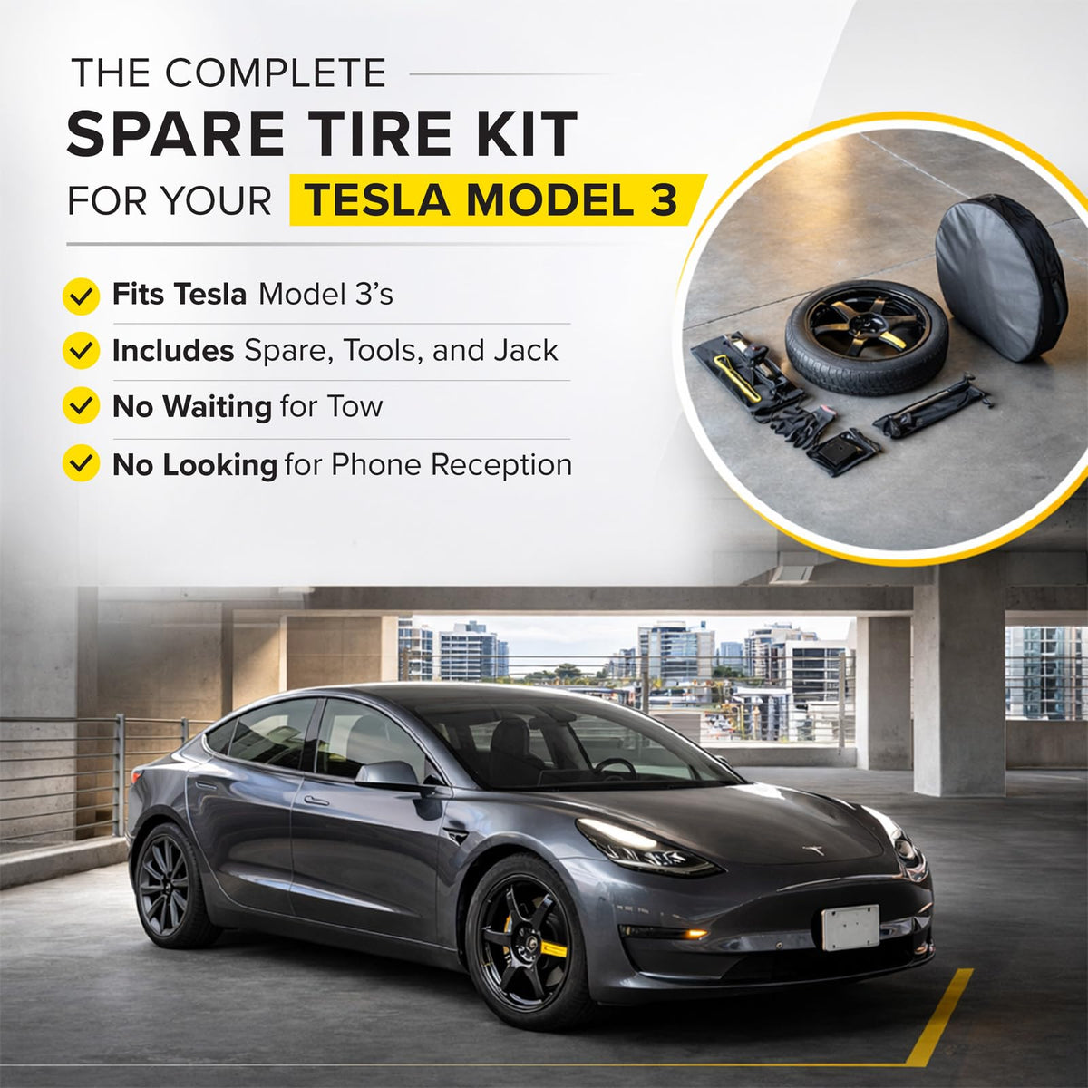 StanceMagic Complete Spare Wheel Tire Kit Fits 2017-2026 Tesla Model 3 Long Range RWD, 18x4 Rim, 125/80R18 Tire, 2 Ton Scissor Jack, Tools, Carrying Bag, Also fits Highland