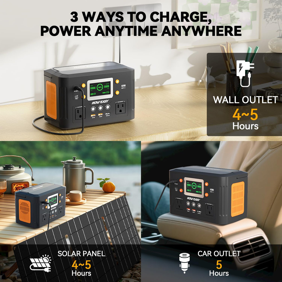 HOWEASY Portable Power Station,260W(500W peak) Solar Generator with PD 65W,110V Pure Sine Wave AC Outlet, 48000mAh Backup Lithium Battery for Outdoor Camping Travel Home Emergency