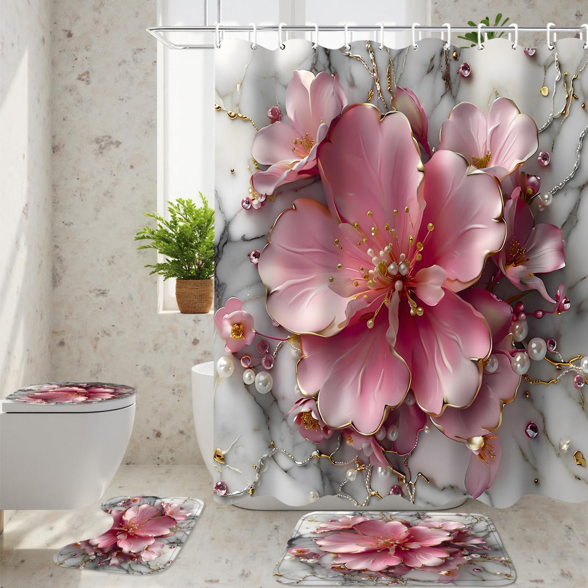 AZHM 4Pcs Pink 3D Floral Bathroom Shower Curtain Set Modern Marble Shower Curtain and Rugs Spring Flower Bathroom Set with Accessories and 12 Hooks