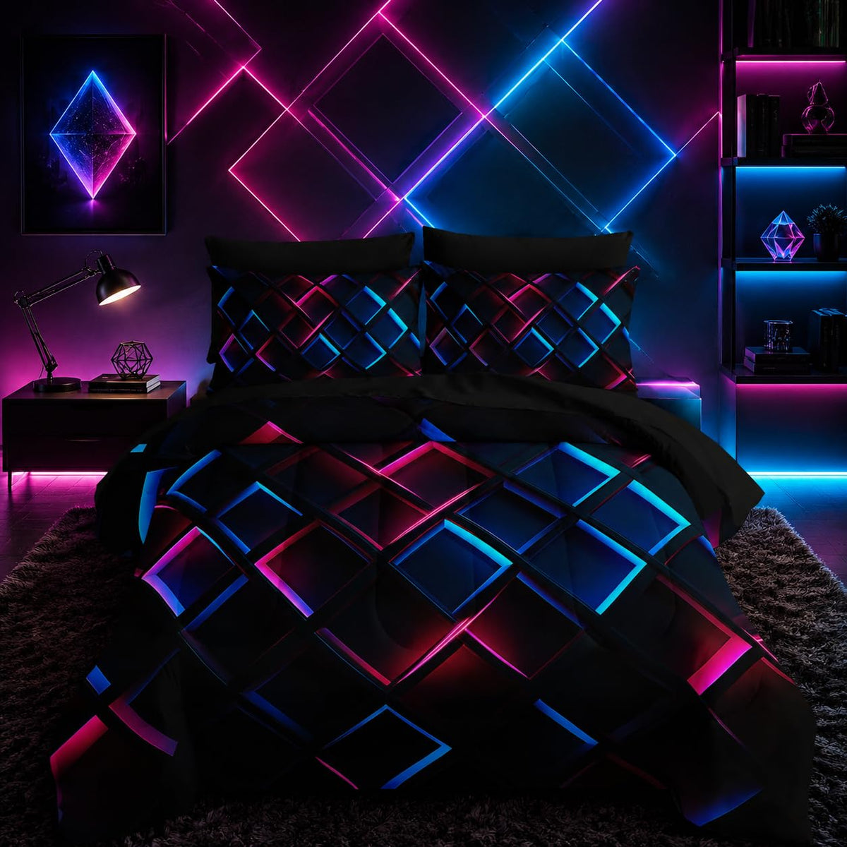 Nttopship Blue Black Geometric Comforter Set Twin Size 3D Stereoscopic Square Bedding Set Honeycomb Bedding Set 7 Pieces Modern Style Geometry Decor with Pillowcases,Flat, Fitted Sheet