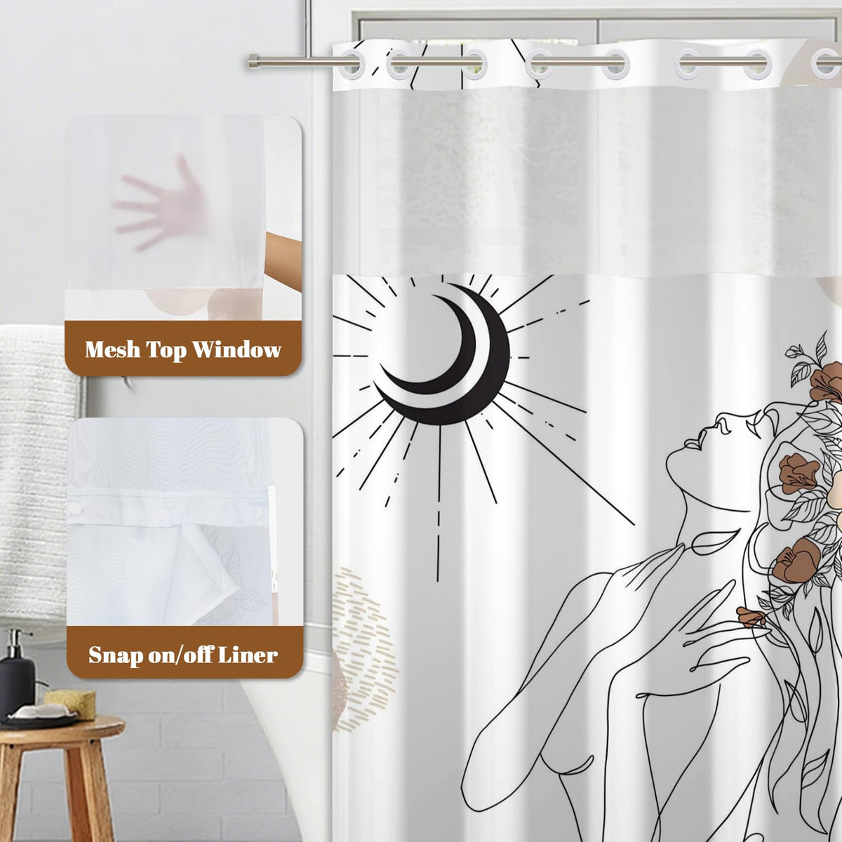 Xiazhilaio No Hook Bohemian Art Shower Curtain with Snap in Liner - 71″W x 74″L Waterproof Fabric with Mesh Top Window, Abstract Woman Floral Celestial Print Bath Curtain for Artistic Bathroom Decor