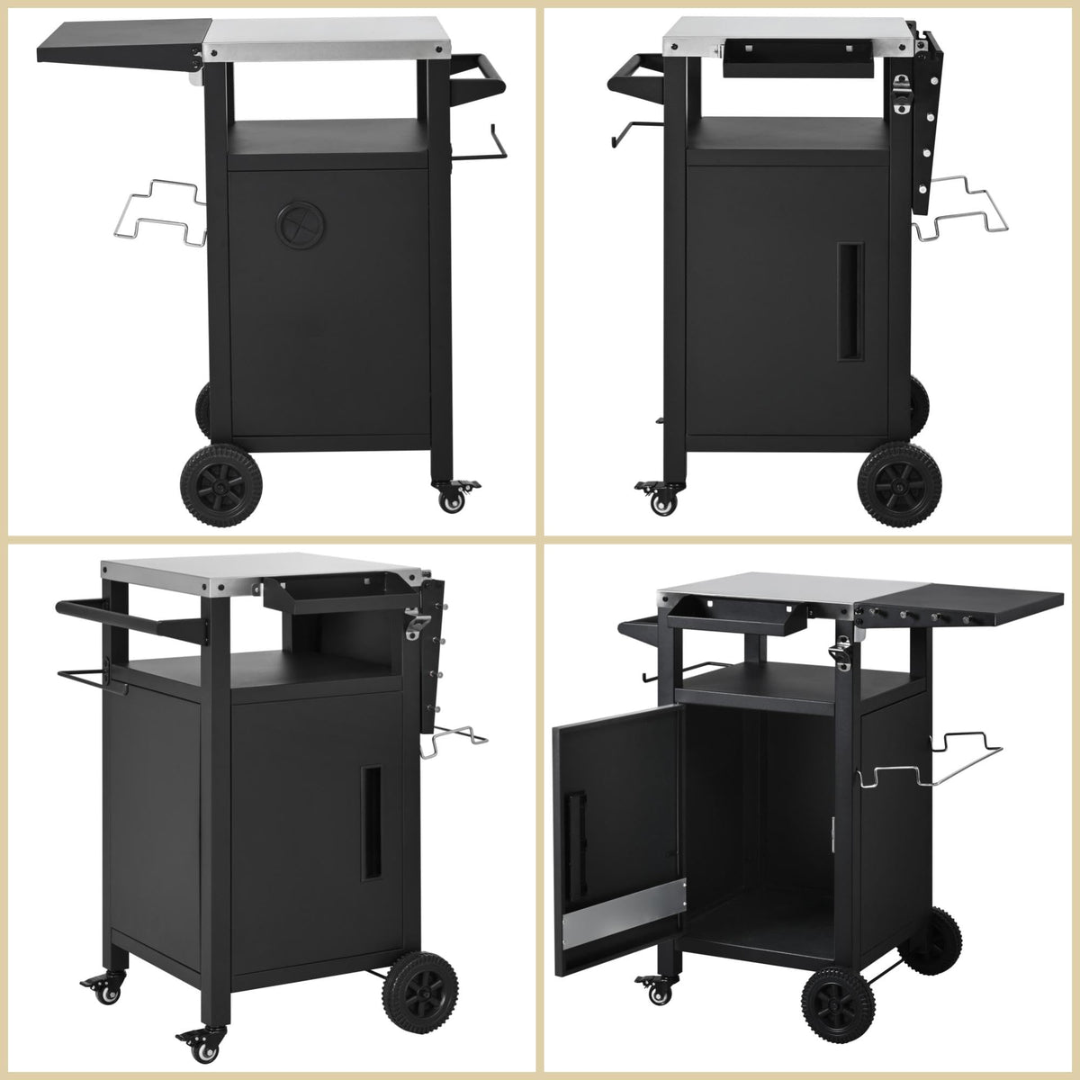 Merax Small Outdoor Grill Cart with Storage Cabinet & Drop Leaf, Outdoor Metal Bar Cart Pizza Oven Table on Wheels, Stainless Steel Top Outdoor Kitchen Island for BBQ Food Prep, Grill Cover Included
