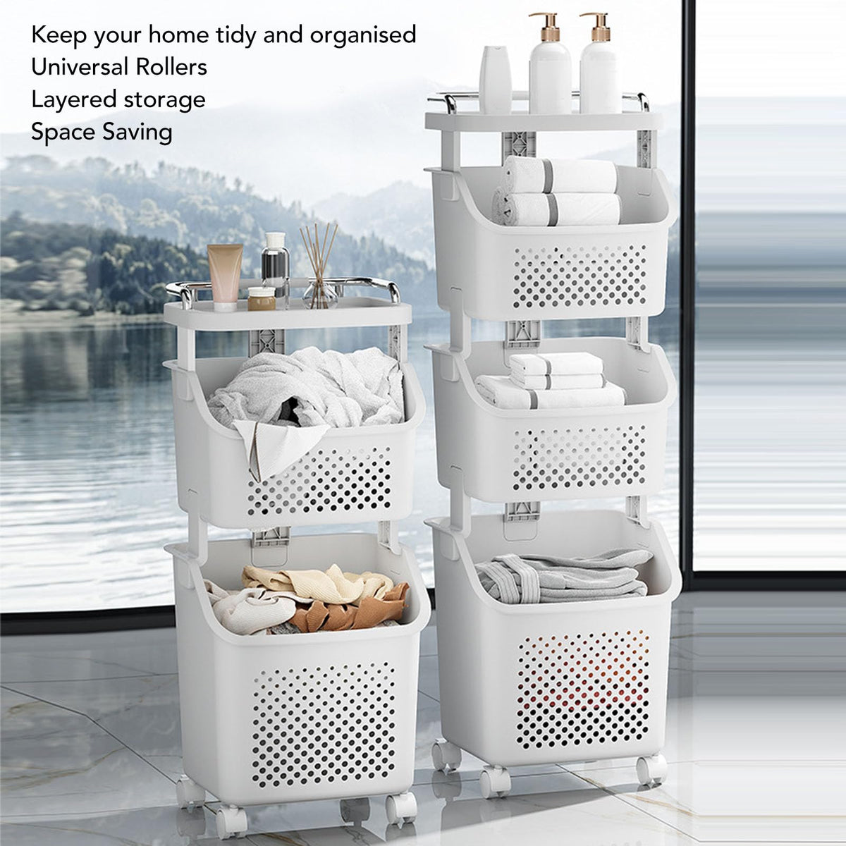 3 Tier Laundry Basket Organizer with Wheels, Tiered Laundry Basket Organizer, with Portable Storage Baskets, for Kitchen Bathroom Bedroom Laundry Room