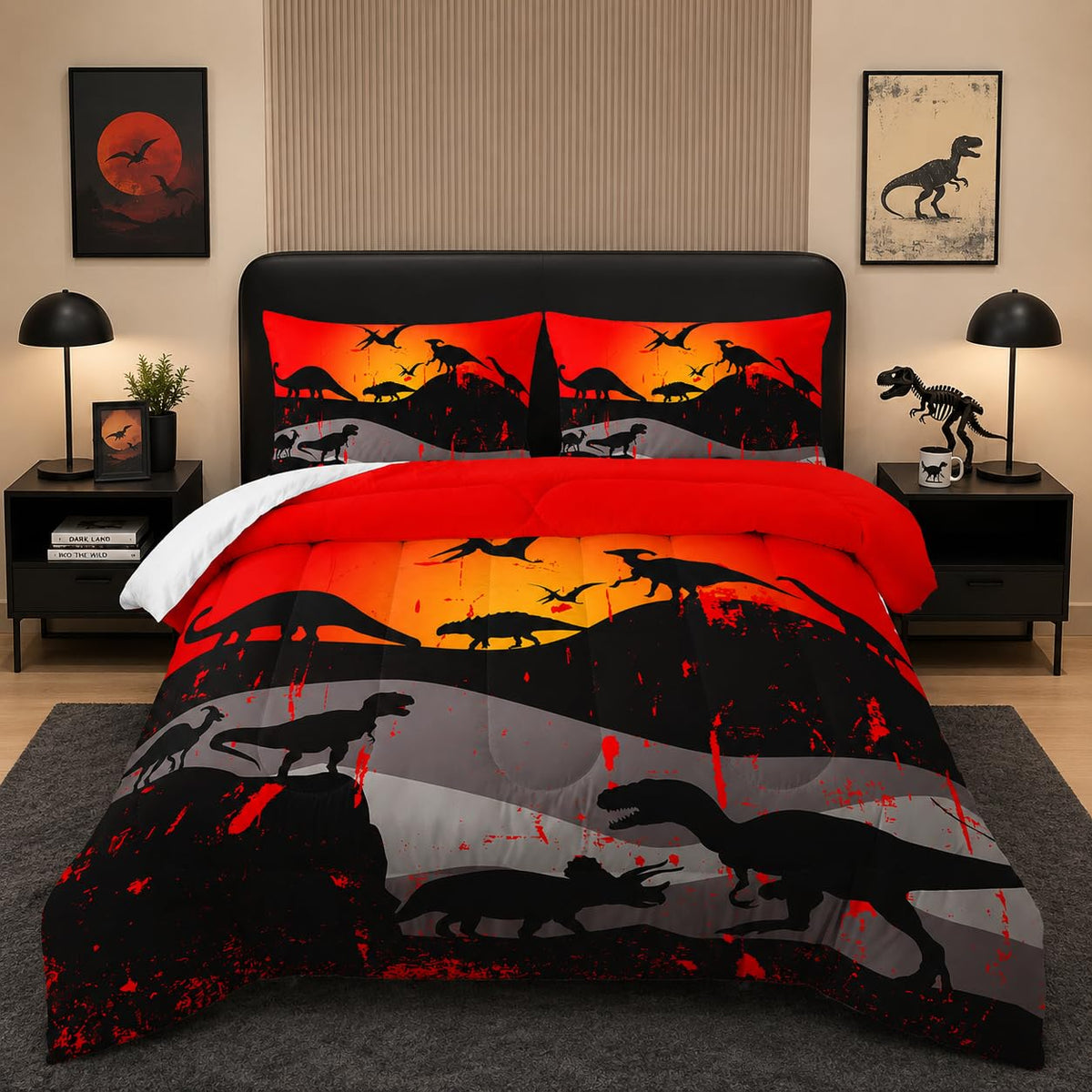 XYNHML Cartoon Dinosaur Comforter Set Full 3Pc Kawaii Dinosaur Bedding Set All Season with Tree, Leaf Decoration Includes 1 Comforter, 2 Pillowcases for Kids Girls Teens
