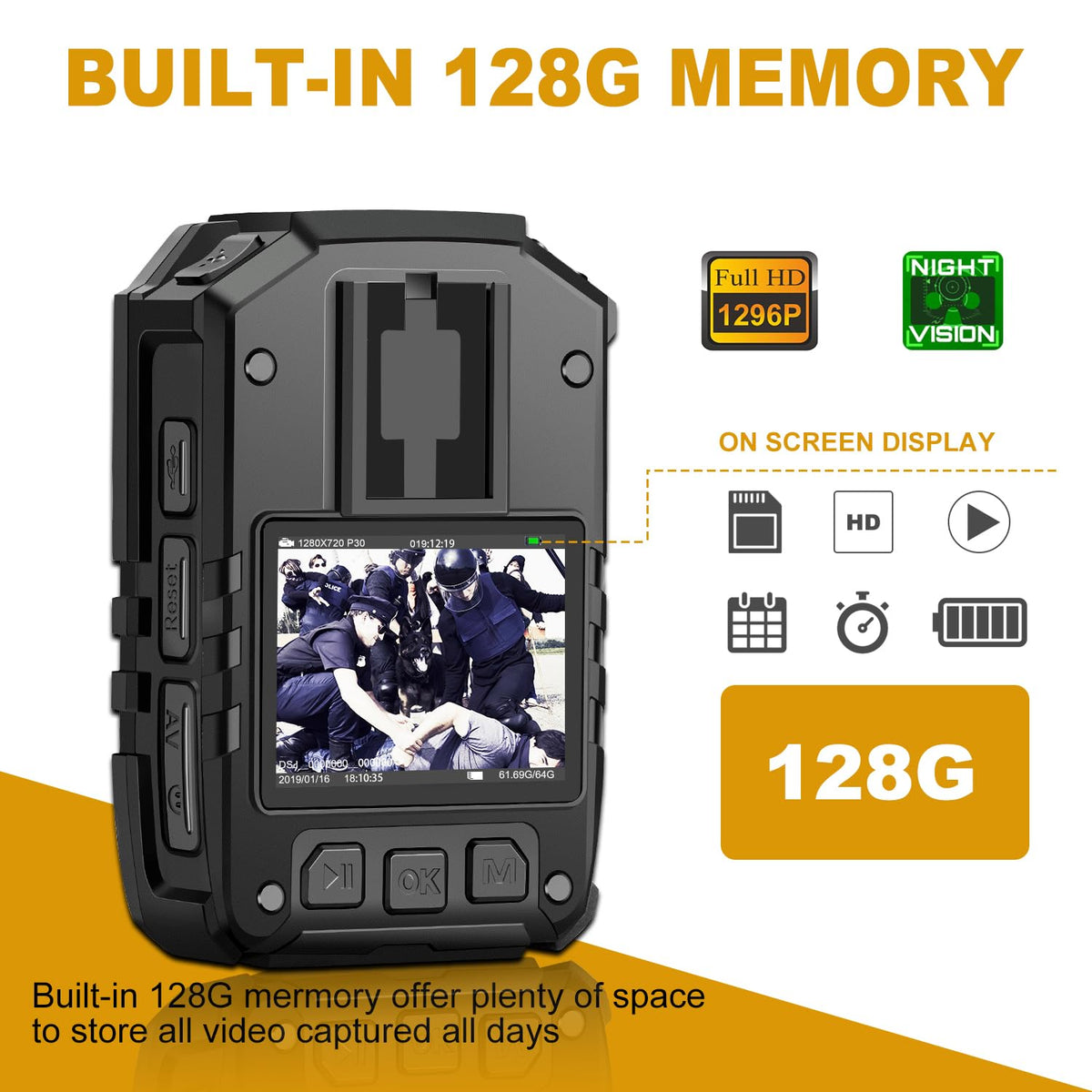 CammPro I826 HD Police Body Camera,128G Memory,Waterproof Premium Portable Body Worn Camera with Audio Recording Wearable,Night Vision,GPS for Law Enforcement (1440P)
