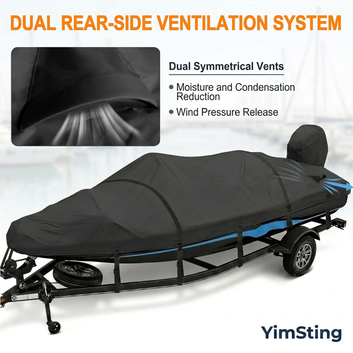 YimSting Boat Cover 16-18.5ft, 1200D Heavy Duty Waterproof Boat Cover with Metal Hook & Motor Cover, Fits 16' 17' 18' Bass Boat, V-Hull, Tri-Hull & Runabout Boats up to 94" Beam, Black