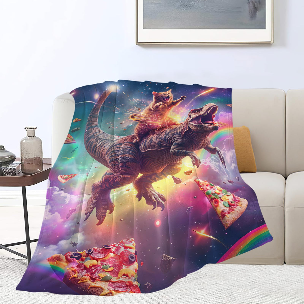 Cat and Dinosaur Blanket Rainbow Pizza Dino Cat Throw Blanket Gifts for Adults Men Women Boys Girls Kids Super Soft Cozy Plush Fluffy Fuzzy Fleece Blanket Decor 60''X80''