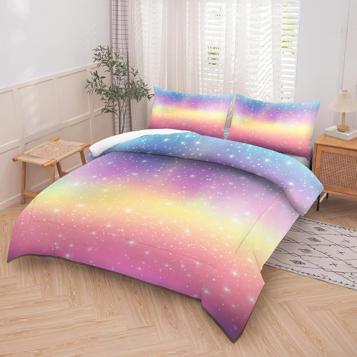 kxry Rainbow Galaxy Gradient Comforter Set Full Tie Dye Microfiber Quilt