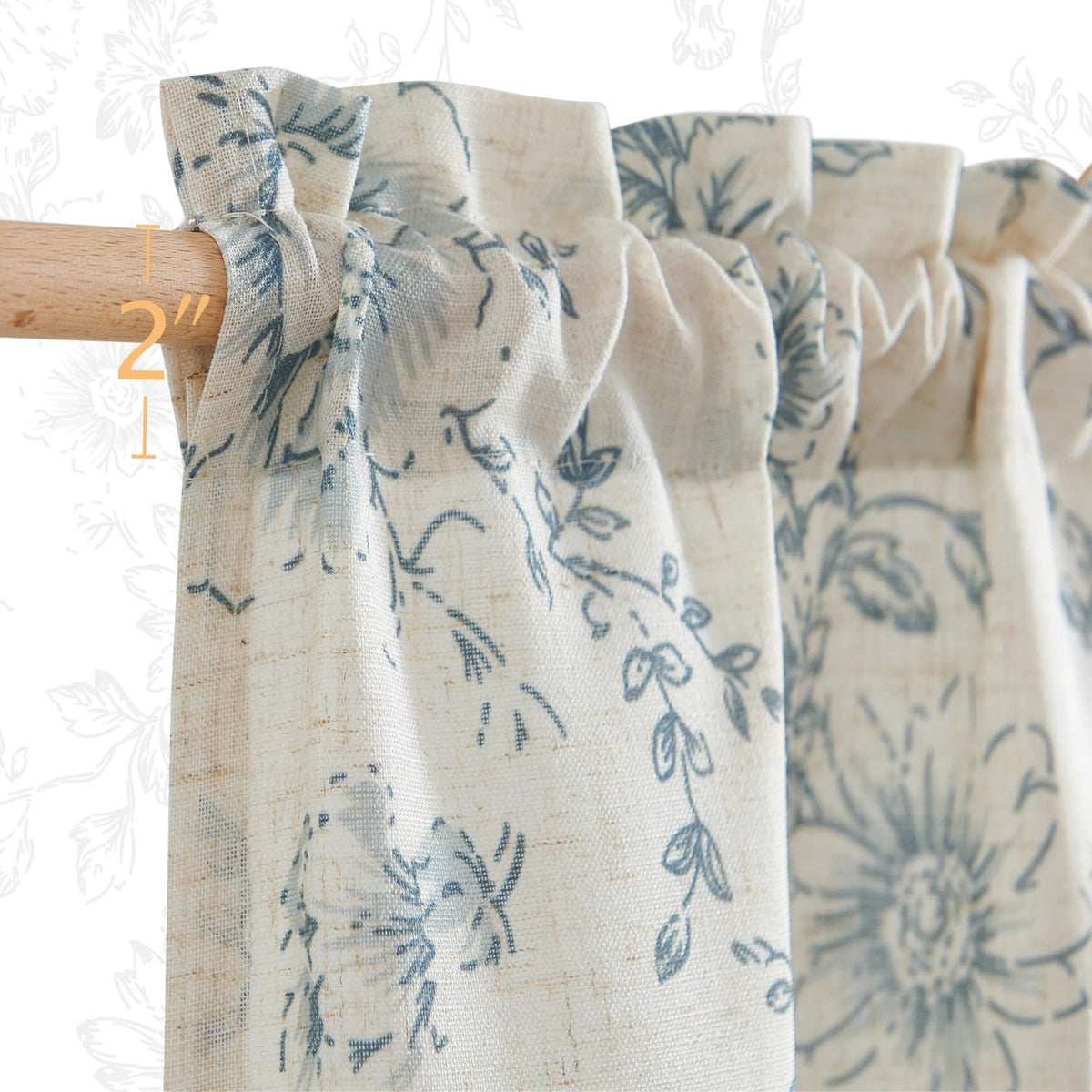 jinchan Floral Linen Tier Curtains Blue Flower on Beige Cafe Curtains 36 Inch Length Kitchen Living Room Bedroom Bathroom Farmhouse Rustic Country Rod Pocket 2 Panels