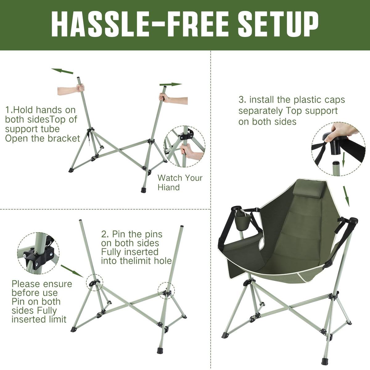 Reallnaive 2 Pcs Hammock Camping Chair with Adjustable Backrest, Heavy Duty Folding Swinging Chair Supports 300lbs, Portable for Camping, Travelling and Patio Green