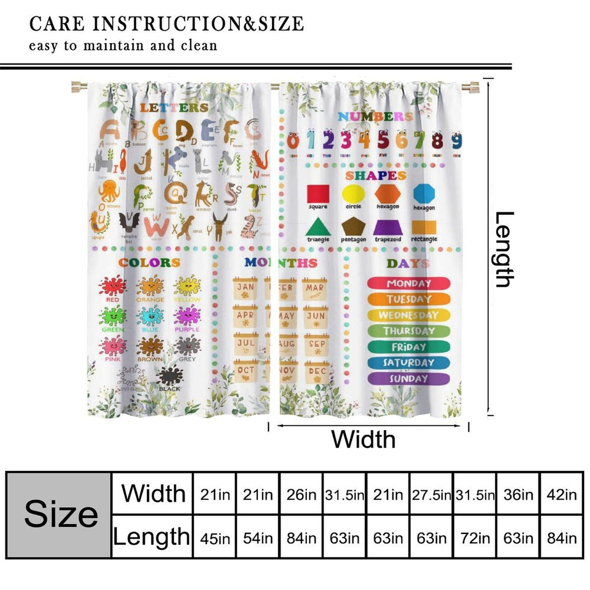 Kids Alphabets ABC Curtains,Cartoon Numeric Color Animal Nursery Eucalyptus Leaves Plant Funny School Education Window Drapes Print for Boys Girls Baby Children Toddler Bedroom 42x45in（No Blackout）