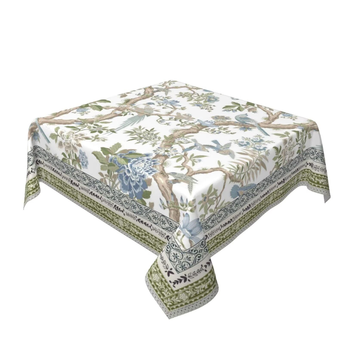 Jecuwo Spring Chinoiserie Floral Square Tablecloth 54 Inch Bird Tree Flower Pattern Table Cover Sage Green Blue Branch Washable Decoration Tablecloth Indoor and Outdoor Dining Table Home Party Decor
