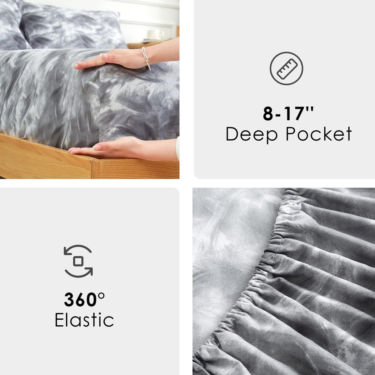 Queen Size Sheets Set 4PC - Soft Cooling 1800 Thread Count Micro Printed Sheet, 8 - 17 Inch Deep Pocket Breathes Better, Hypoallergenic, Wrinkle, Machine Washable Grey Marble Patterned Double Bedding