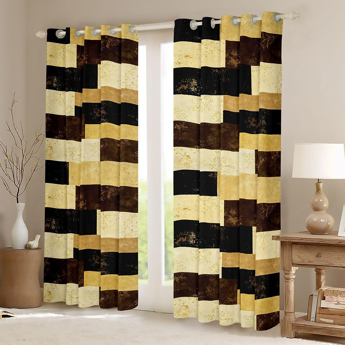Erosebridal Golden Brown Geometric Blackout Curtains Abstract Color Blocking Window Curtains 42" Wx84 L Kids Adults Rustic Lattice Window Treatments Drapes for Room Stylish Patchwork Artwork 2 Panels