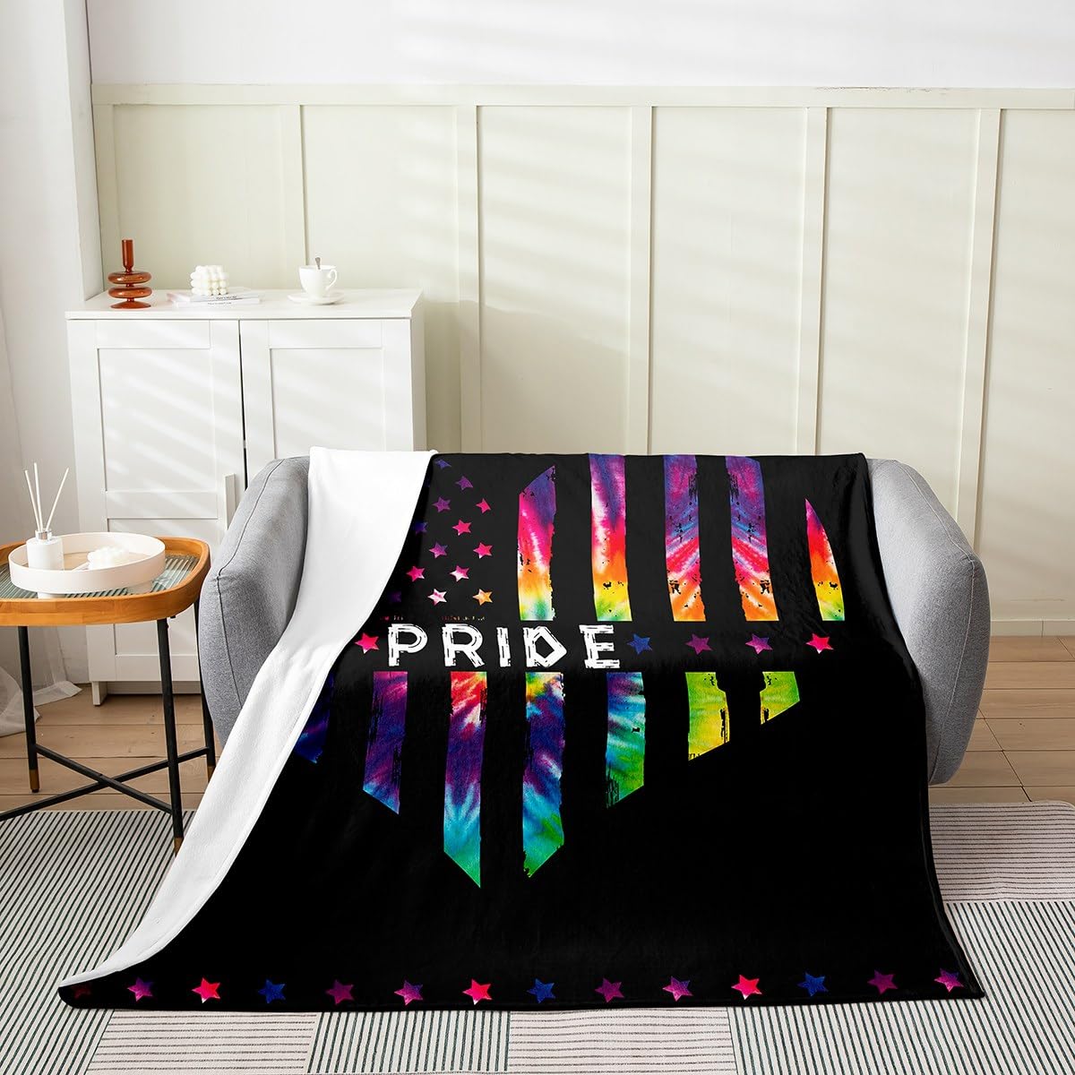 Erosebridal Watercolour Love Heart Blanket for Valentine Day,Gay Pride Throw Blanket for Couples,Rainbow American Flag Fleece Blanket,LGBT Pride Fuzzy Blanket 40x50 Inch