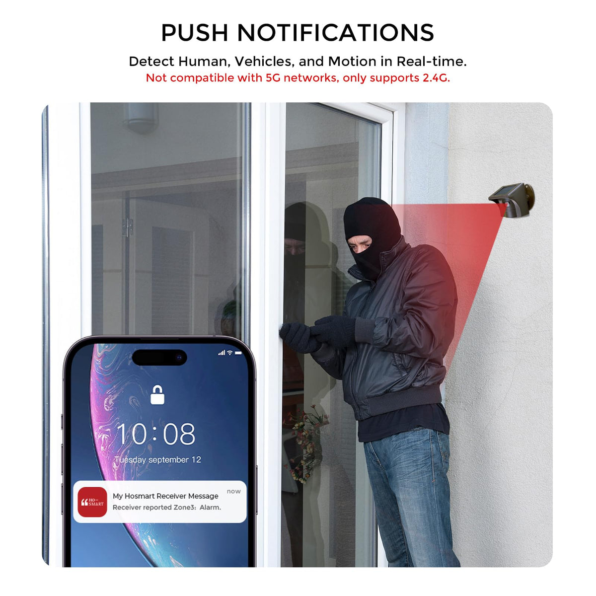 eMACROS Pro 3 Smart Solar Driveway Alarm System (2.4G Wi-Fi), App Push Notifications, 1/2 Mile (2600 ft) Wireless Range Motion Sensor & Plug-in Receiver, Weatherproof Property Alert (No Camera)
