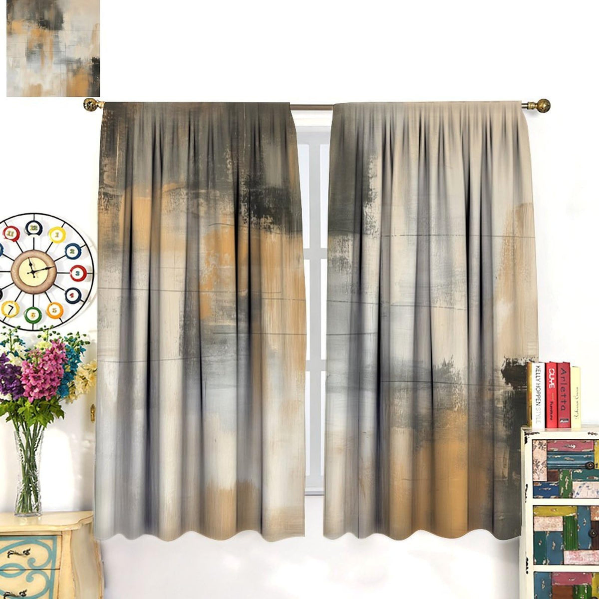 Abstract Beige Gray Taupe Curtains, Rod Pocket Black Tan Neutral Art Painting Modern Window Drapes for Living Room Bedroom, 20.5" W x 44.5" L, 2 Panels （No Blackout）