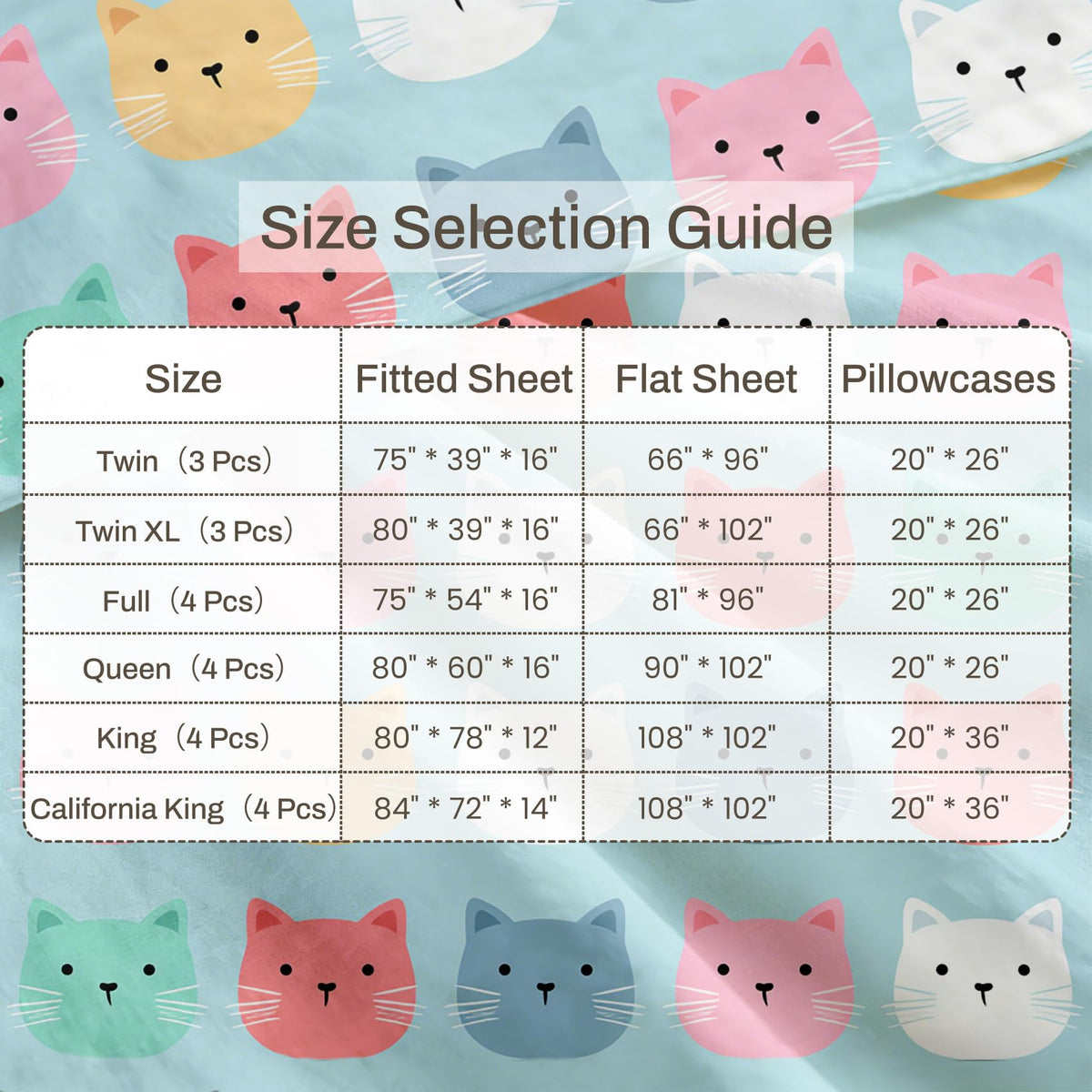 Cute Cat Sheet Set, 4 Pcs Full Size Girls Kitten Bed Sheets