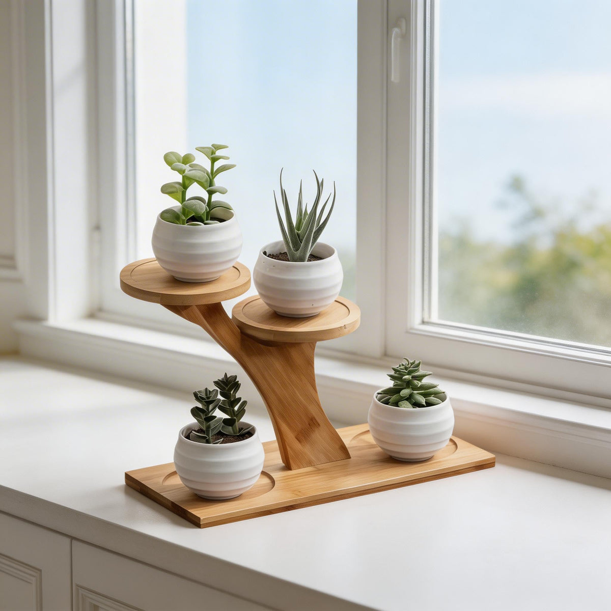 DCAEKUX Bamboo Plant Stand, 3 Tier Window Sill Plant Shelf, Desktop Small Indoor Plant Stand, Bamboo Table Top Plant Shelf for Succulent Herb, Perfect for Window Sill, Living Room, Home Office, Patio Balcony Decor & Gift