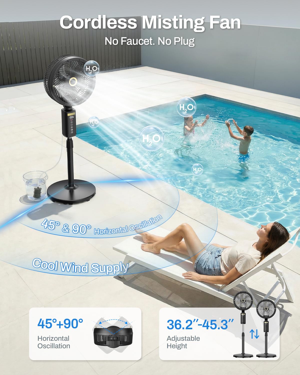 Outdoor Misting Fan with Water Pump, 30000mAh 12-Inch Outside Water Cooling Mister Fan for Patios Bedroom, Portable Standing Oscillating Fan with Mist System, Pedestal Fans with Remote/Spray/Timer