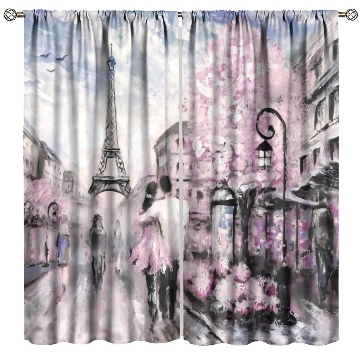 French Eiffel Tower Curtains Paris City Architecture Pink Themed Romantic Decor Oil Painting Style Rod Pocket Window Treatments For Living Room Girls Women Bedroom 2 Panels Set 41" x 45" （No Blackout）