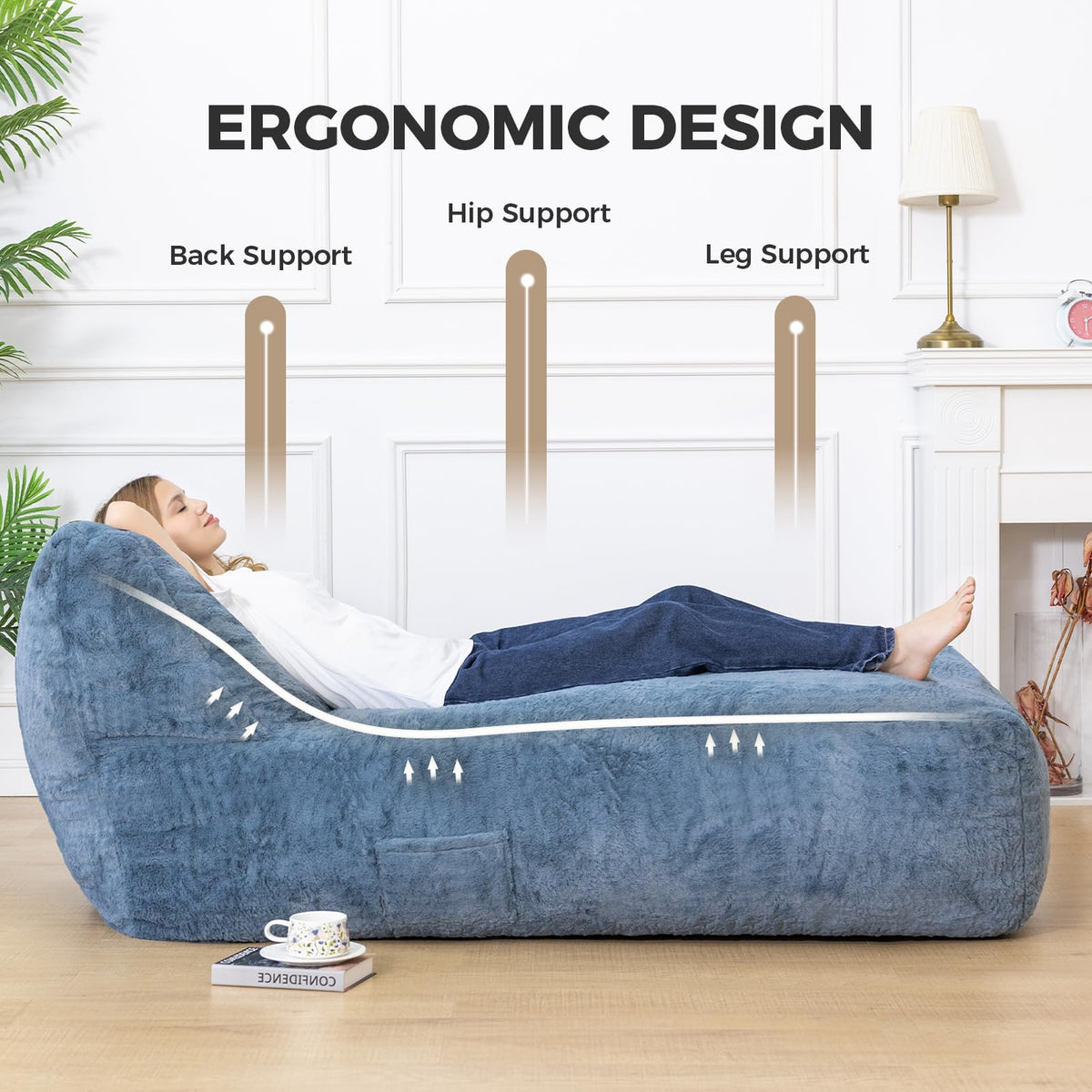 Giant Bean Bag Chair for Adults (59"x34"), Big Faux Fur Plush Bean Bag Lounger, Large Memory Foam Lounger Chair with Pockets for Living Room, Bedroom & Dorm (Bluegrey)
