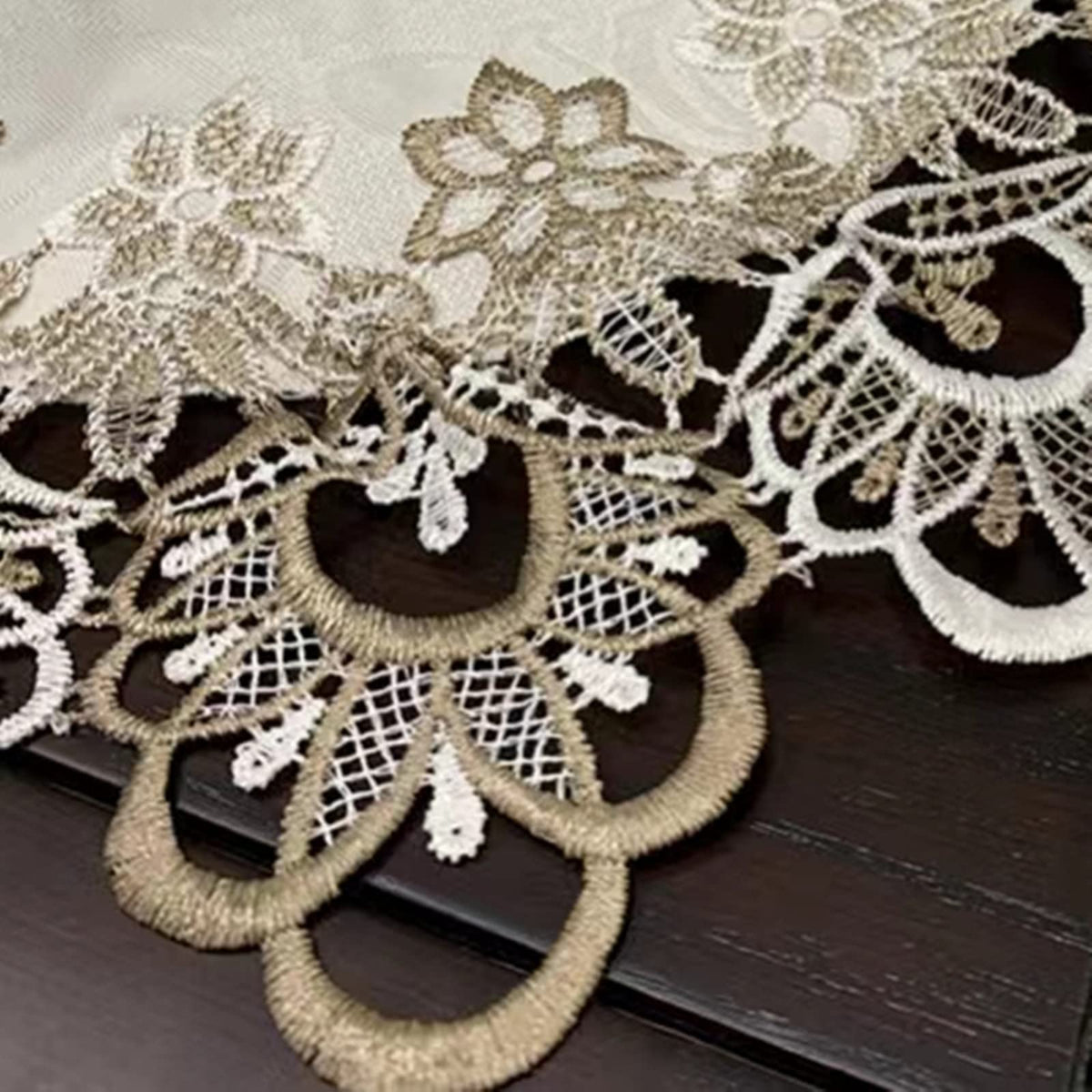 ZMNSZBDBeige Embroidered Lace Tablecloth Lace Coffee Table Cover Oval Hollow Fabric Tablecloth, Washing Machine, Dryer, Refrigerator Top Dust Cover (27.5''X51'')