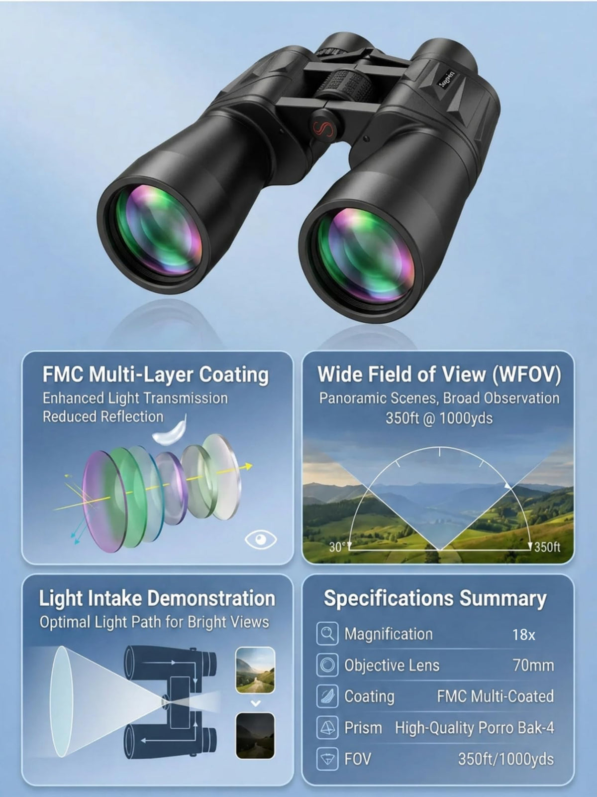 18x70 High Power Binoculars for Adults, Professional 70mm Large Aperture for Astronomy & Stargazing, Ultra-Bright Long Range Binoculars for Low Light & Coastal Observation