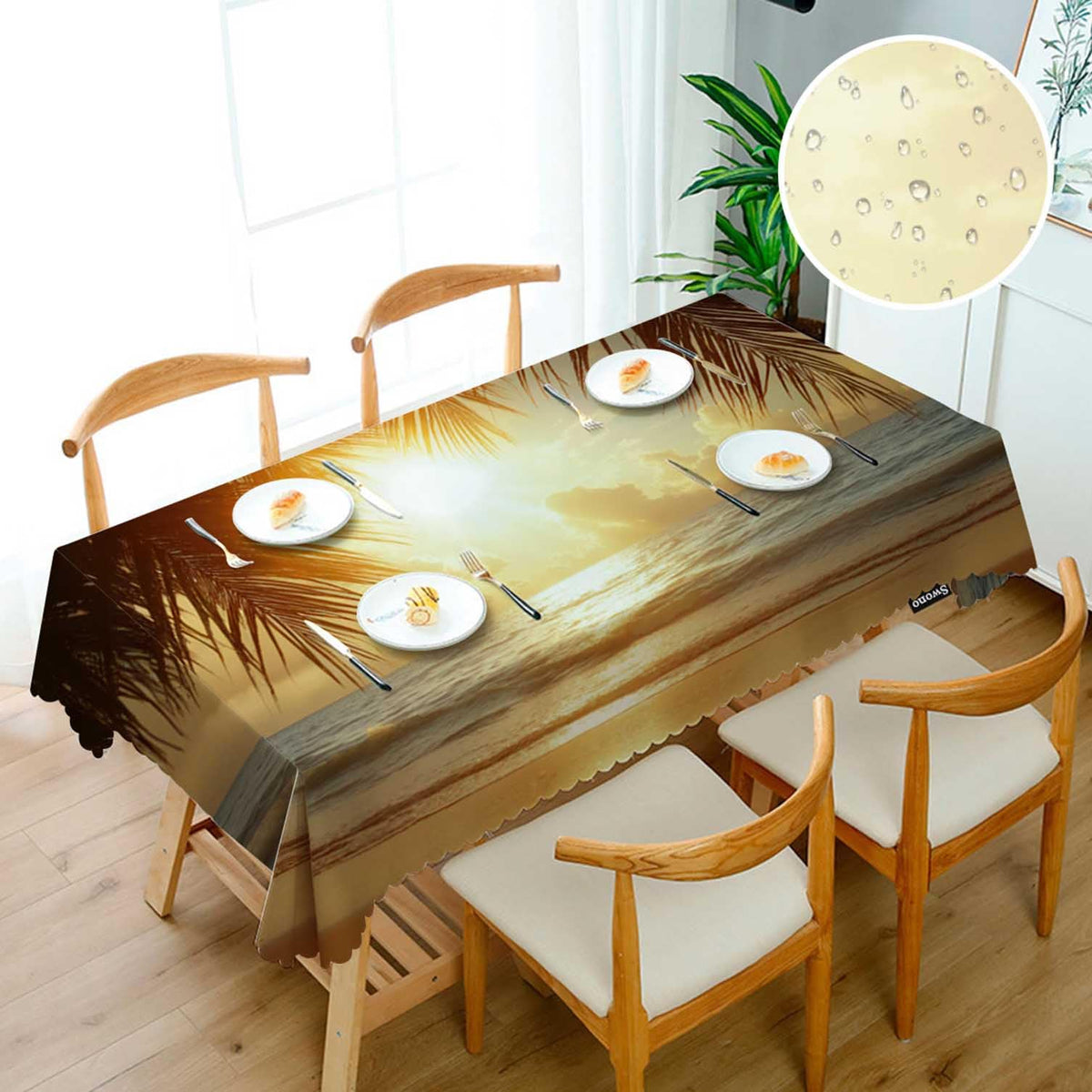Swono Beach Palm Tree Table Cover Sunset Ocean Sea Waves Coast Palm Leaf 50x72 Inch Table Cloth for Rectangle Tables Buffet Parties Coffee BBQ and Dinning Tablecloth