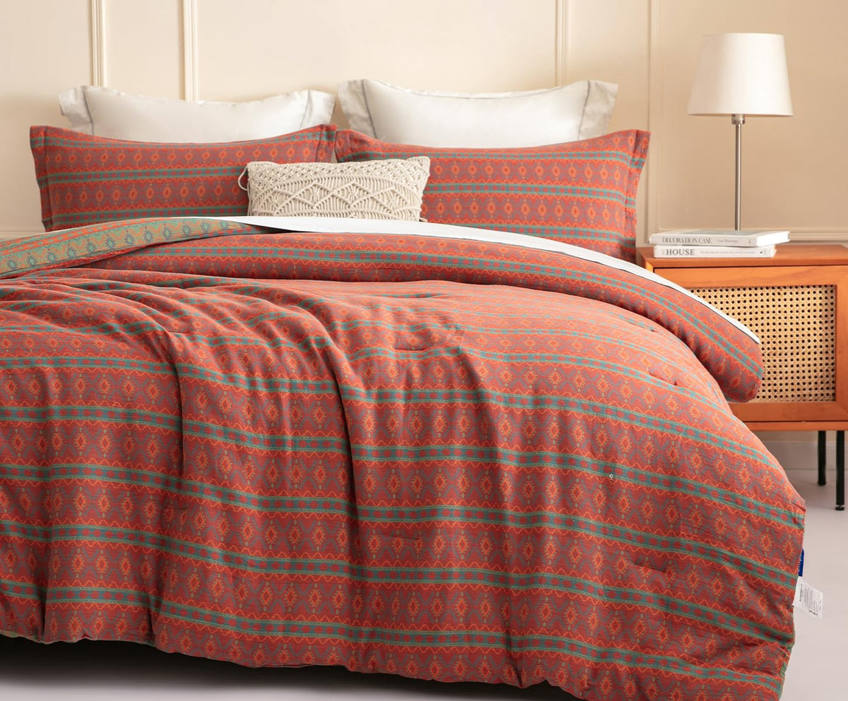 SLEEPBELLA Washed Double Layer Muslin 100% Cotton Comforter Set Queen Size, Boho Fluffy Thick Checked Bedding Set, Soft Breathable (1 Comforter, 2 Pillow Shams)