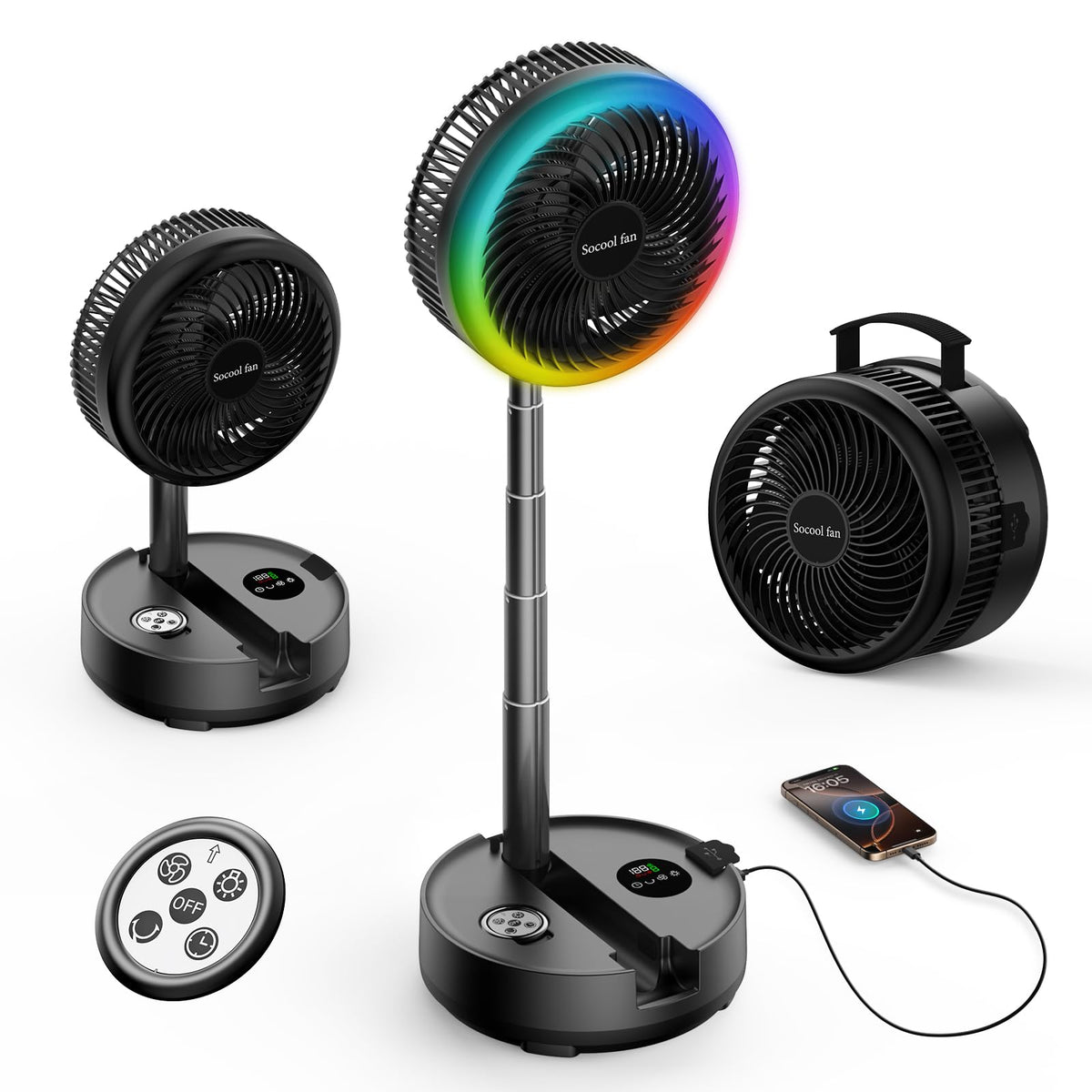 Socool 40000mAh Portable Fan Foldable Battery Rechargeable with 8 Speed & 106H, 90° Osciliating Floor Standing Fan Remote, Desk Fan with 8H Timer & LED Light for Home Outdoor Travel Camping