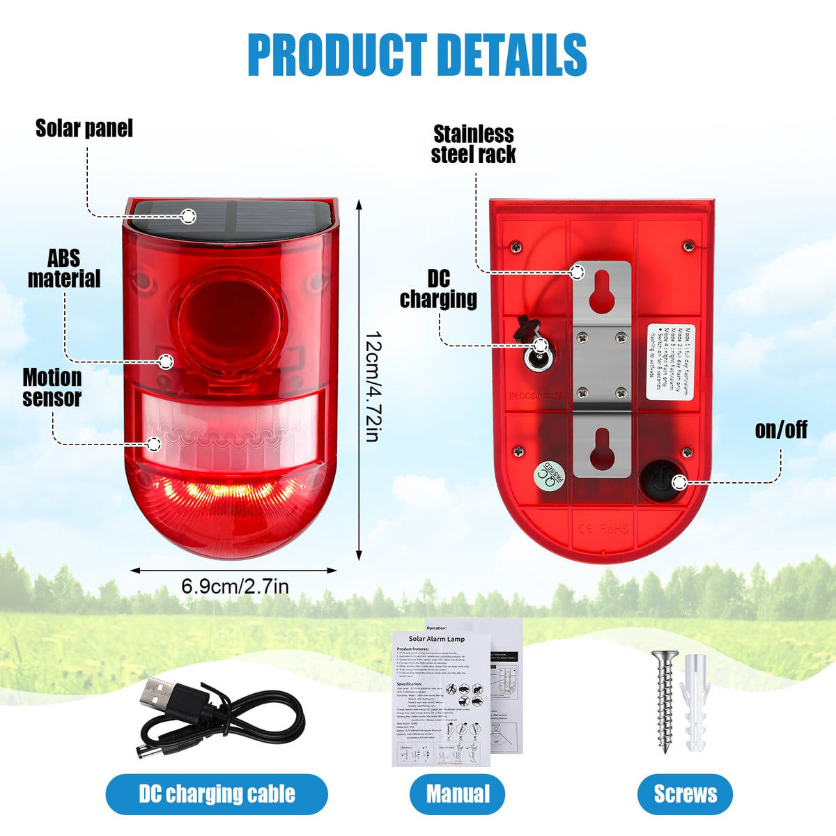 Qualirey Solar Sound and Light Alarm Motion Sensor 129db Outdoor Security Siren Waterproof Activated Detector Driveway Alarm 6 LEDs Flash Warning Deterrent Strobe System for Home, Farm(Red,12 Pack)