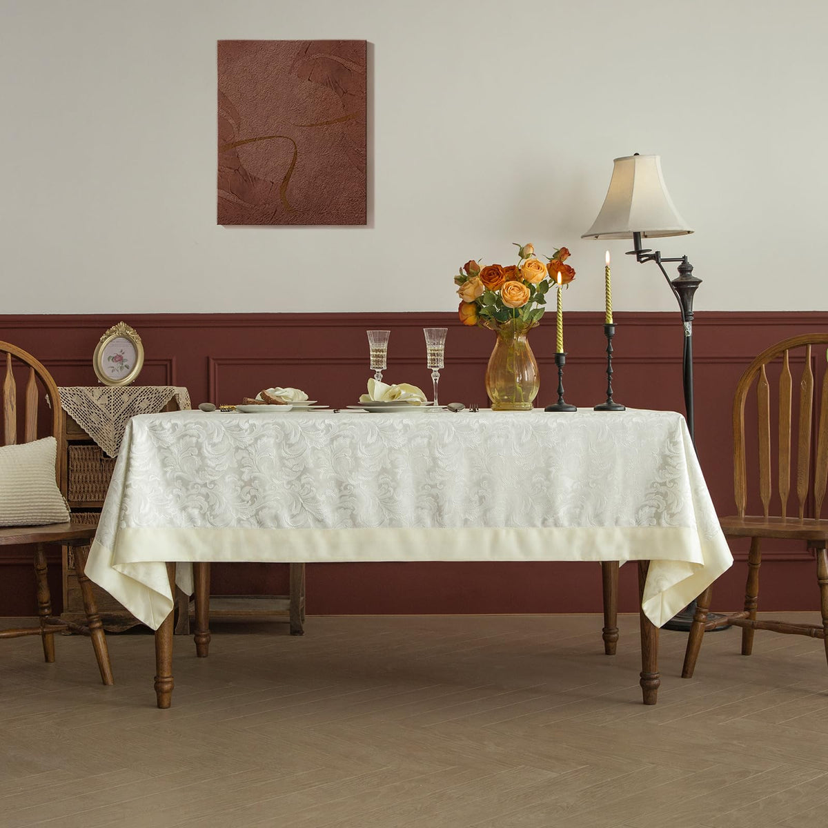 GLORY SEASON Emboss Style Textured Tablecloth Waterproof Solid Bordered Retro Tablecloths Classic Luxurious Washable Rectangle/Oblong Table Cloth,Kitchen Dinning Decor 60x84 Inch
