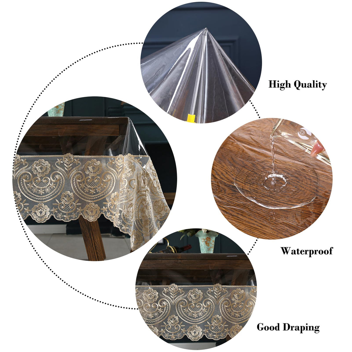 Clear Plastic Rectangle Tablecloth Vinyl Waterproof Table Cloth Embroidered Lace Edge Transparent Table Cover for Dining Kitchen Outdoor(60 x 86 inch, Coffee Style 1)