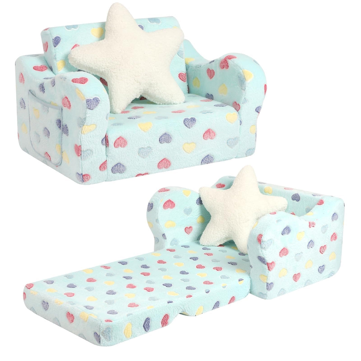 MOMCAYWEX Toddler Couch, 2-in-1 Kids Soft Couch Fold Out with Star Pillow, Foldable Sofa to Lounger, Medium, Colorful Heart