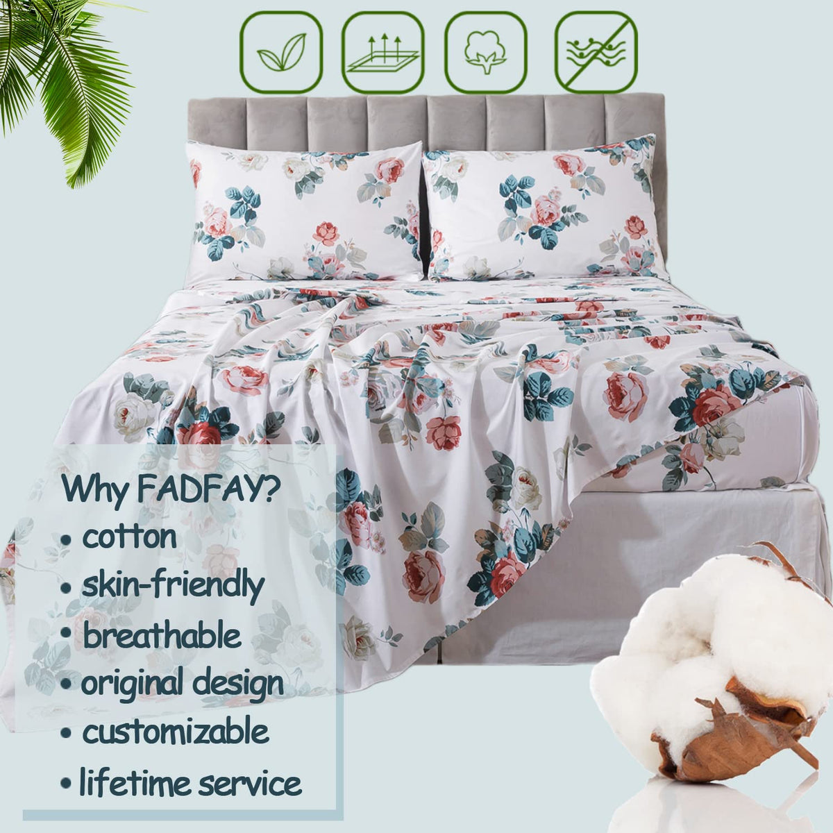 FADFAY Floral Cotton Sheets Queen 100% Cotton Flower Bed Sheets Pink White Dark Blue Leaf Print Shabby Vintage Sheet Set Chic Farmhouse Bedding Soft Crisp Breathable Deep Pocket Fitted Sheet 4Pcs