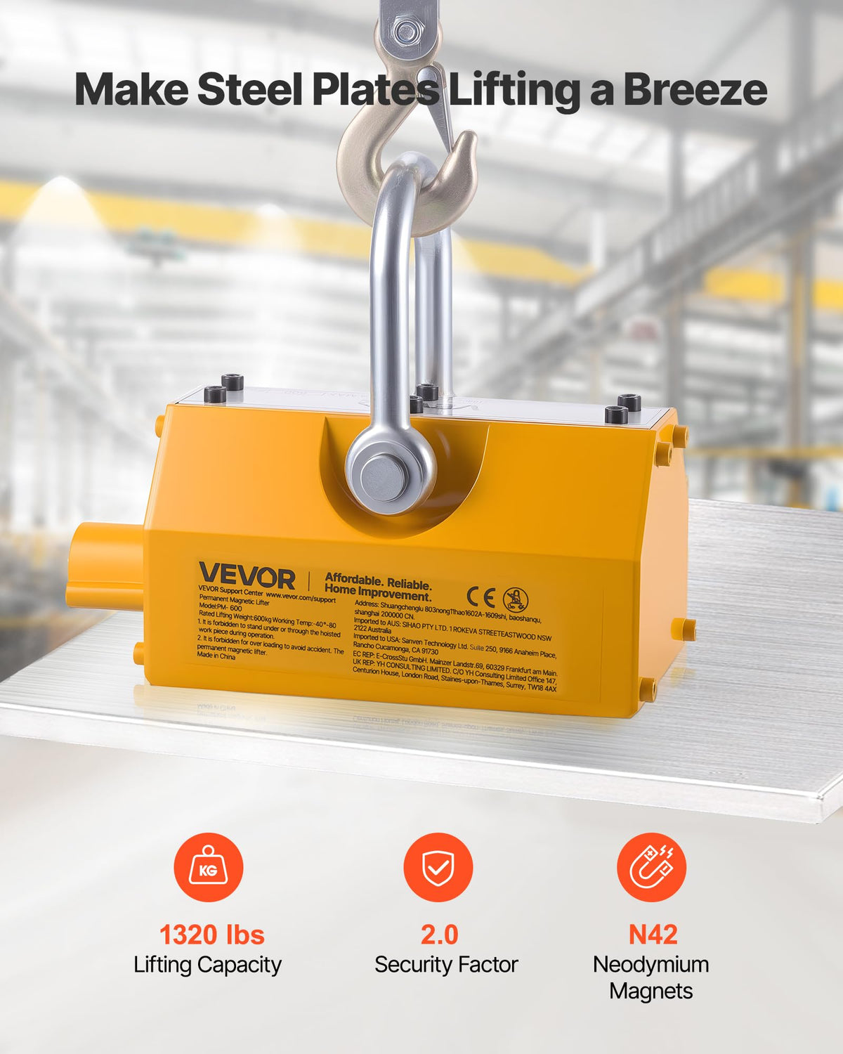 VEVOR Permanent Magnetic Lifter, 1320 lbs Pulling Capacity, Heavy Duty N42 Neodymium Lifting Magnet with Release Handle and Steel Hook, Used in Shop Crane and Hoist, for Lifting Plate Steel, Board