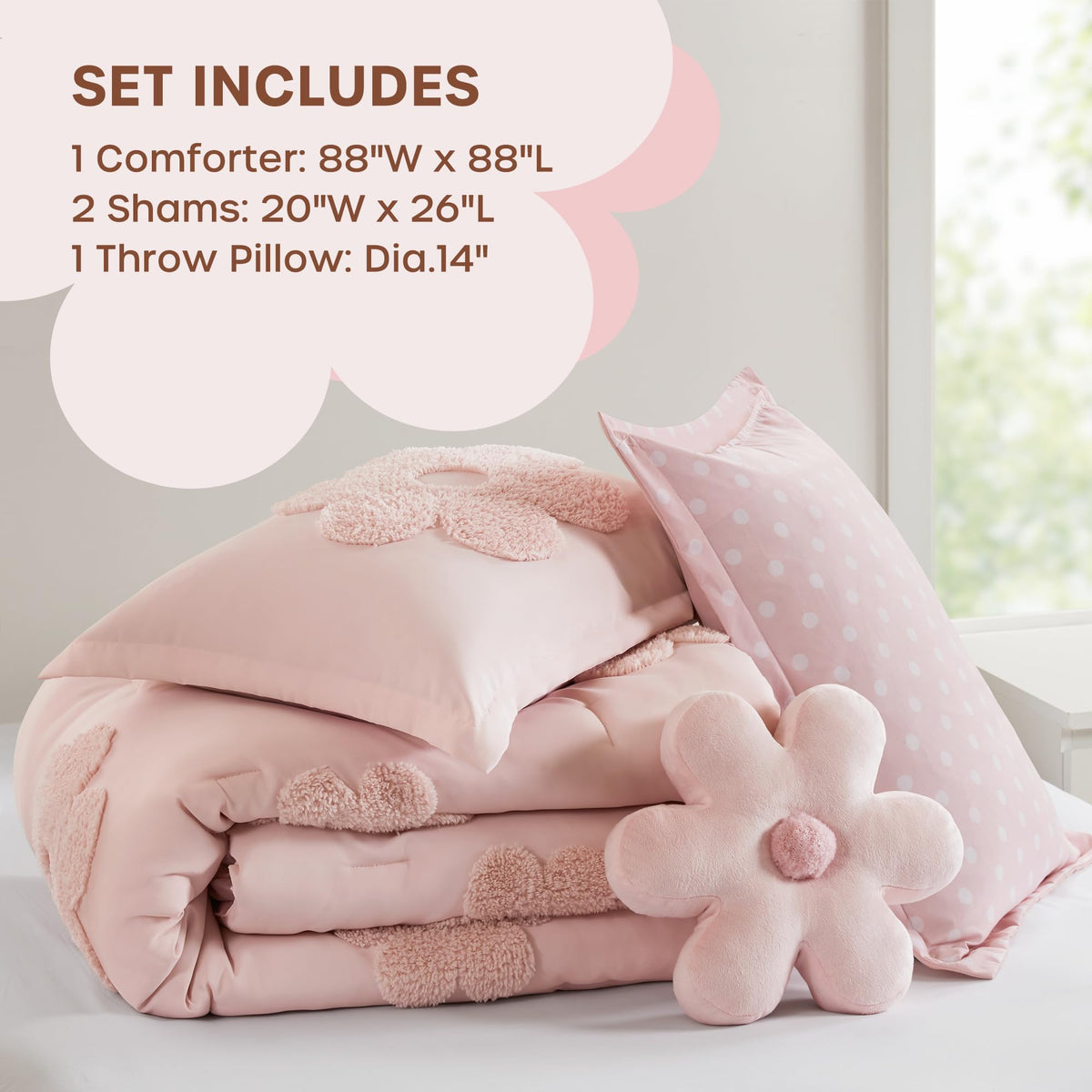 Intelligent Design Kids Queen Comforter Set for Girls, Tufted Chenille Floral Comforter Set Queen, Lightweight Polka Dot Comforter Reversible Bed Set, Sham, Pillow, Gracie, Full/Queen Pink 4 Piece
