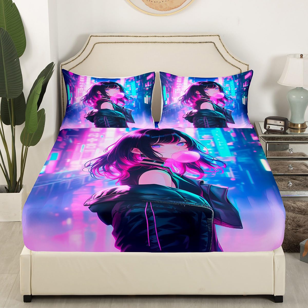 Erosebridal Anime Girl Fitted Sheet Top Twin Size, Kawaii Japanese Anime Sheet Set for Kids Boys Teens Adult Women, Cartoon Girl Bed Sheets Japan Animation Bedroom Decor, Machine Washable