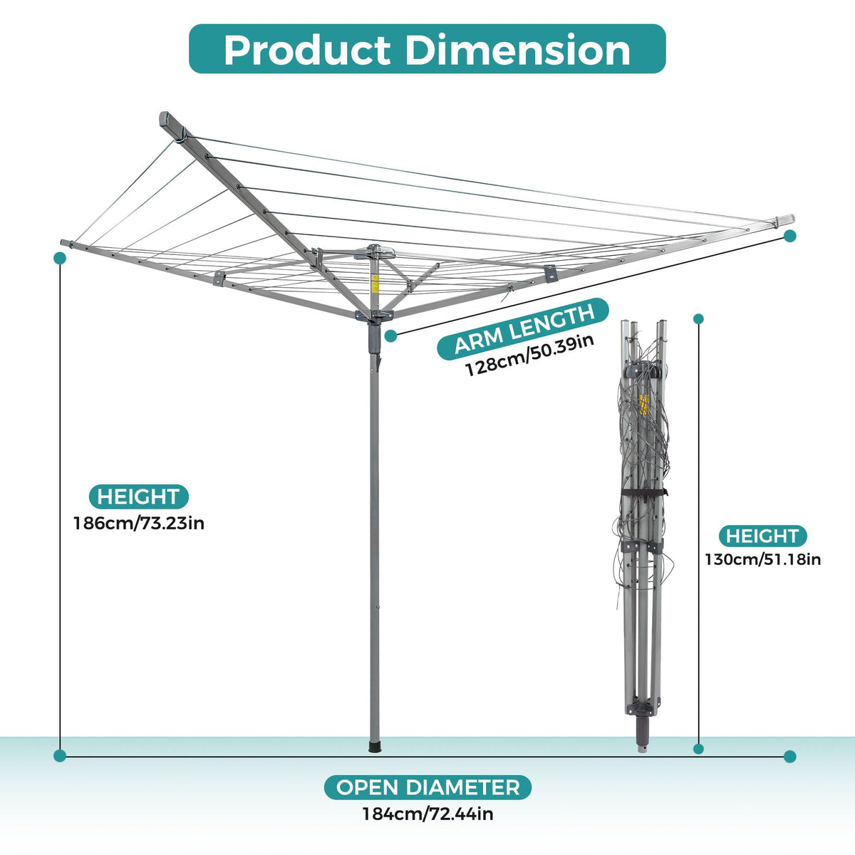 Suptinwear Outdoor Umbrella Clothes Drying Rack, 40m / 131ft Drying Space, 4-Arm Collapsible Steel Umbrella Clothesline with Adjustable Height for Laundry, Backyard & Patio