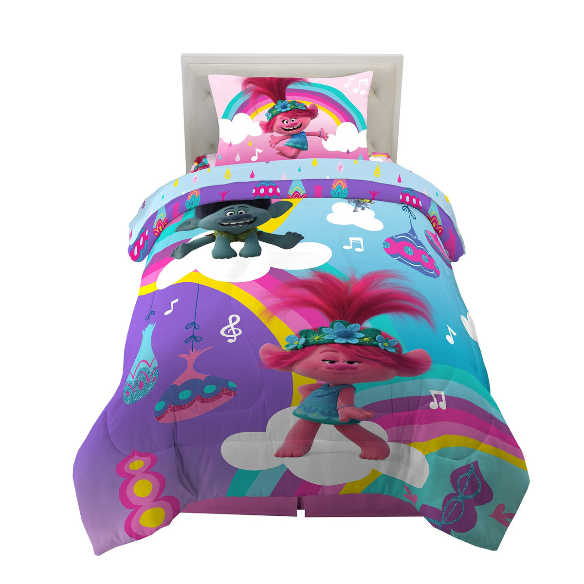 Franco Kids Bedding Super Soft Microfiber Comforter and Sheet Set, 4 Piece Twin Size, Trolls World Tour