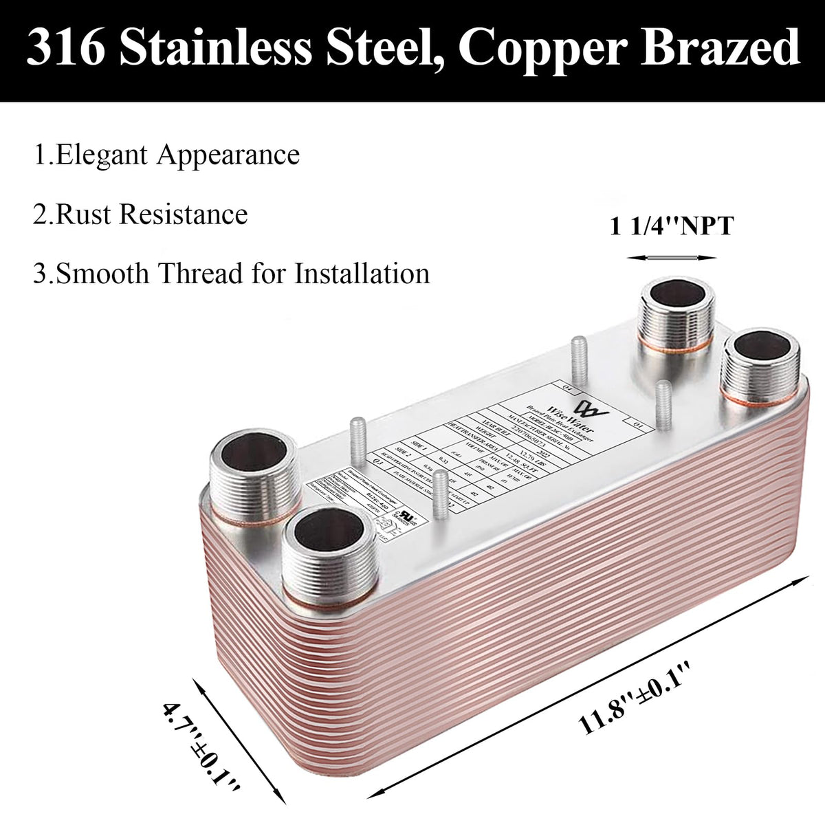 AB Plate Heat Exchanger, 5"x12" 50 Plates Water To Water Heat Exchanger, Copper/SS316L Stainless Steel Brazed Plate Heat Exchanger For Floor Heating, Water Heating, Snow Melting