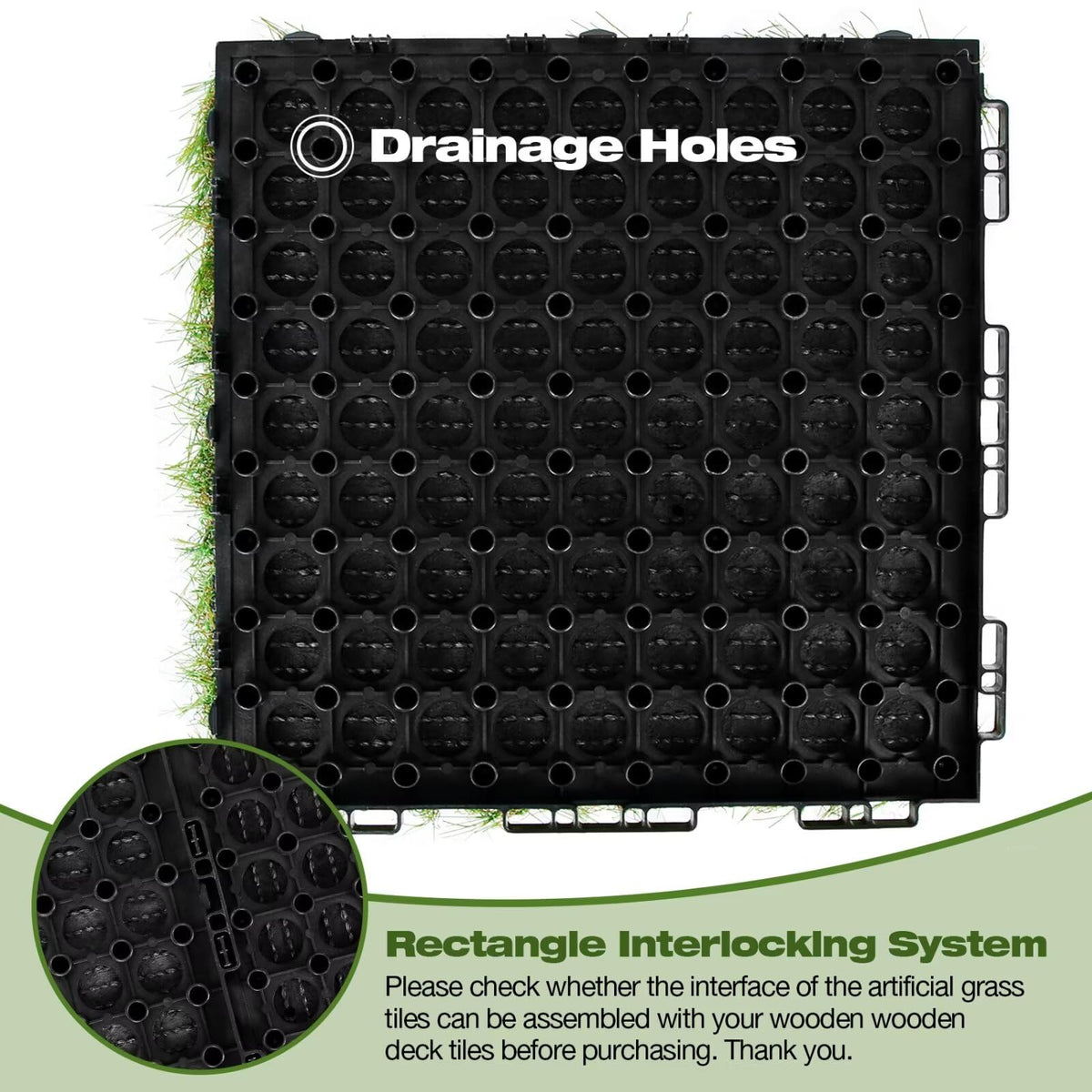 XLX TURF Interlocking Artifical Grass Tiles 18 PCS - 12"x12" Fake Grass Square for Dog Potty Kennel - Indoor Outdoor Turf Self-draining Deck Flooring Decor Balcony Patio - U Shape Buckle System