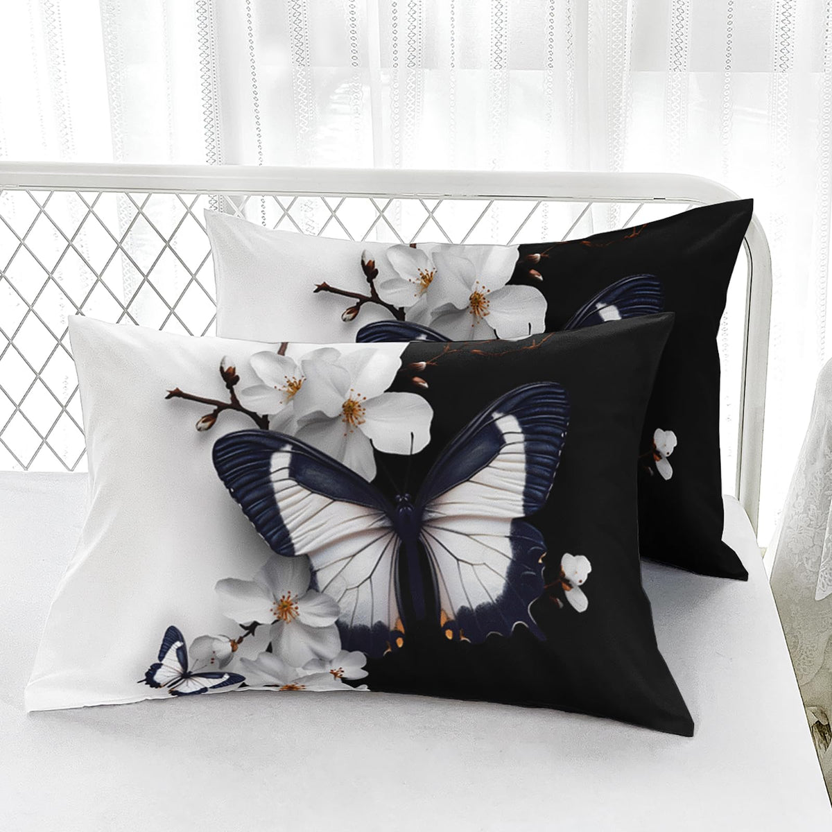 AILONEN 3D Butterfly Fitted Sheet Set Queen Size,Black and White Bed Sheet Set for Girls Women,Beautiful Flower Butterfly Printed Fitted Sheet with 2 Pillowcases,3Pcs