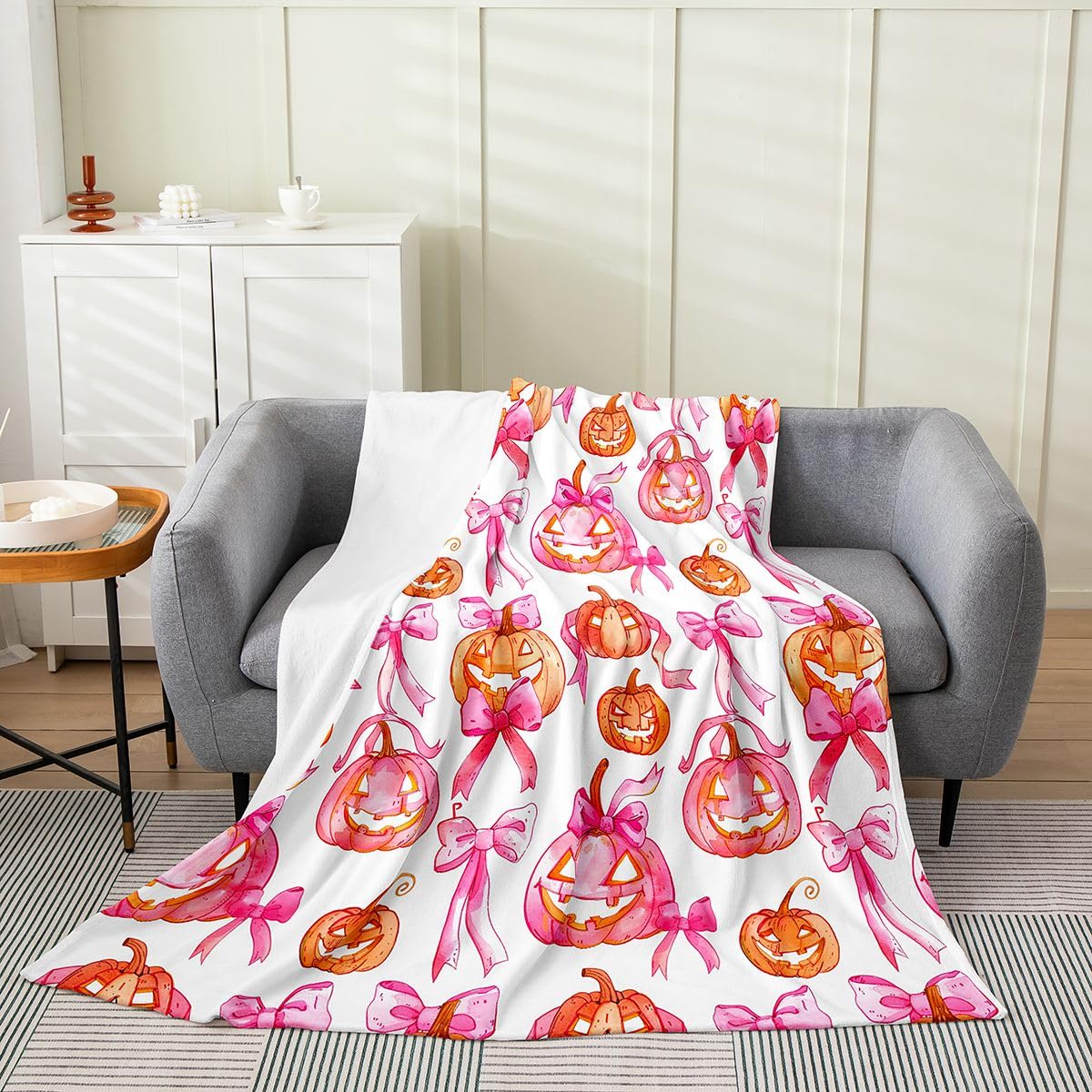 Feelyou Spooky Pumpkin Flannel Fleece Throw Blanket Halloween Themed Throw 50"x60" Bowknot Fleece Throw Blanket for Kids Women Men Spooky Pumpkin for Bed Couch Chair Living Room Bedroom Decor