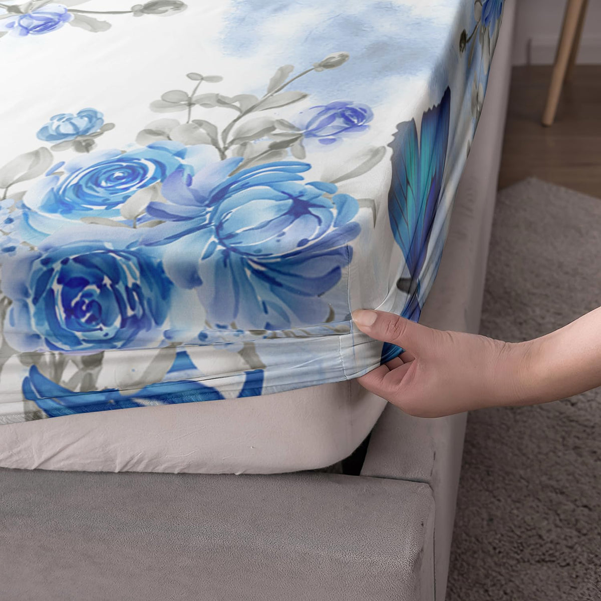AILONEN Blue Butterfly Fitted Sheet Set for Girls, Twin Size Tie Dye Floral Butterfly Bed Sheet Set,Soft Microfiber Kids Women 3-Piece Breathable Fitted Sheet with 2 Pillowcases
