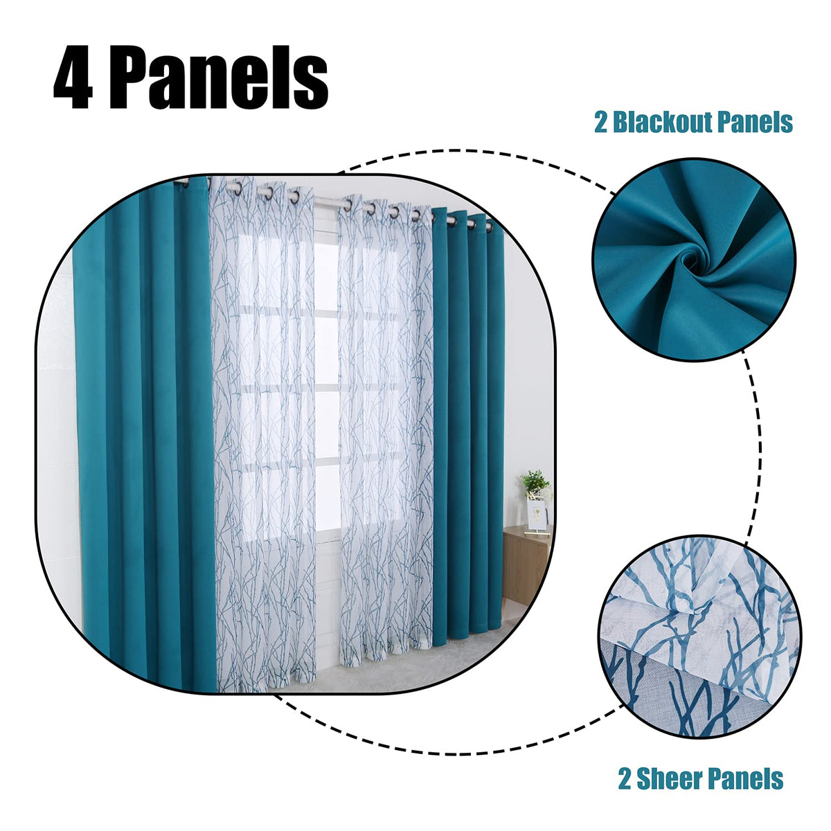 BONZER Mix and Match Curtains - 2 Pieces Branch Print Sheer Curtains and 2 Pieces Blackout Curtains for Bedroom Living Room Grommet Window Drapes, 54x95 Inch/Panel, Teal, Set of 4 Panels