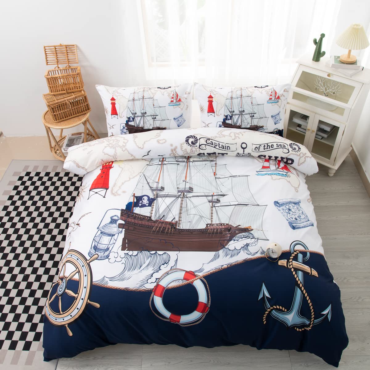 CVHOUSE Nautical Bedding Set King Size,Nautical Sailboat Bed for Boys Teens,Ocean Themed Sailing Anchor Comforter Cover Soft,Anchor Duvet Quilt King 90'x102'